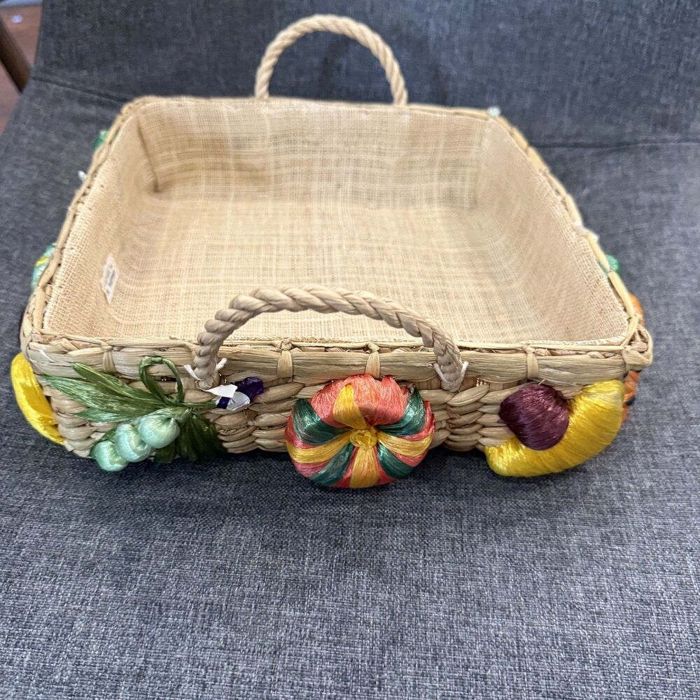 Vintage Hand Woven Fruit Basket Square Colorful Picnic Basket